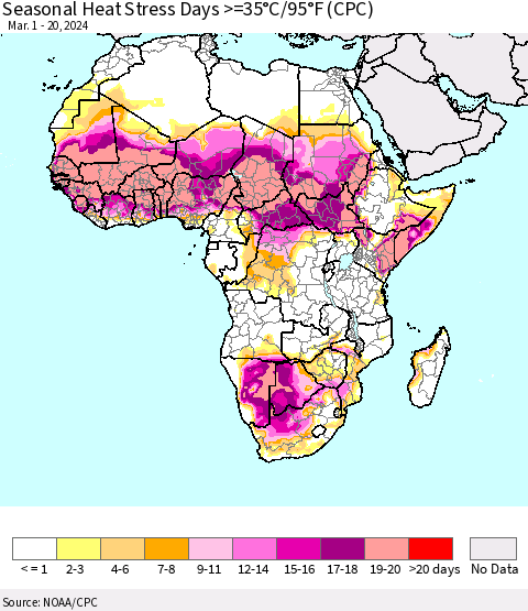 Africa Seasonal Heat Stress Days >=35°C/95°F (CPC) Thematic Map For 3/1/2024 - 3/20/2024