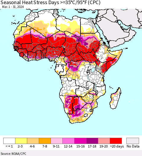 Africa Seasonal Heat Stress Days >=35°C/95°F (CPC) Thematic Map For 3/1/2024 - 3/31/2024