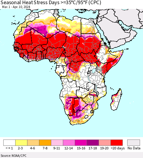 Africa Seasonal Heat Stress Days >=35°C/95°F (CPC) Thematic Map For 3/1/2024 - 4/10/2024