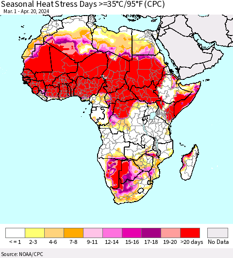 Africa Seasonal Heat Stress Days >=35°C/95°F (CPC) Thematic Map For 3/1/2024 - 4/20/2024