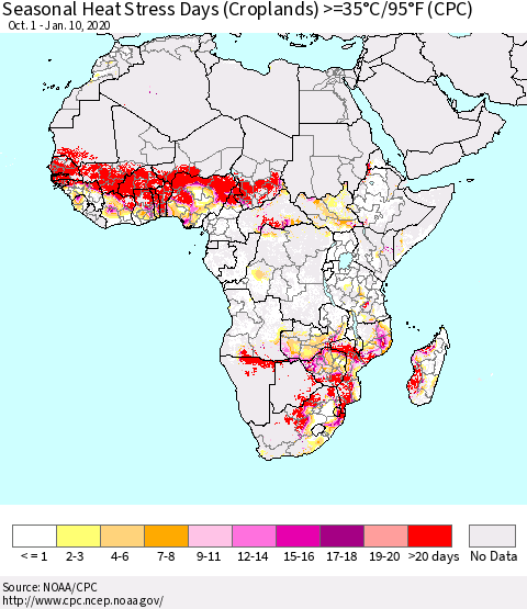 Africa Seasonal Heat Stress Days (Croplands) >=35°C/95°F (CPC) Thematic Map For 10/1/2019 - 1/10/2020