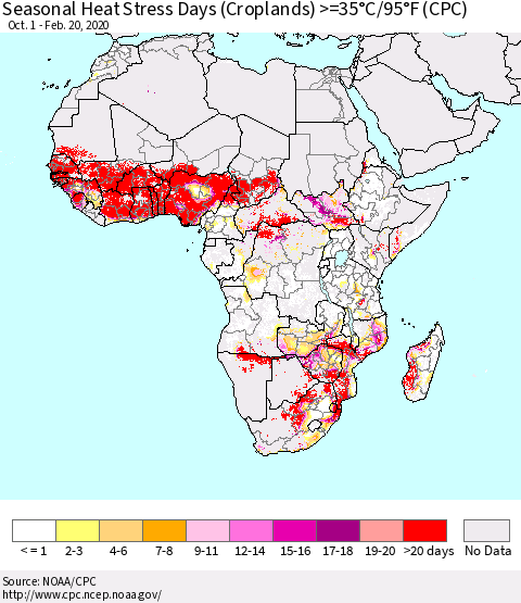 Africa Seasonal Heat Stress Days (Croplands) >=35°C/95°F (CPC) Thematic Map For 10/1/2019 - 2/20/2020