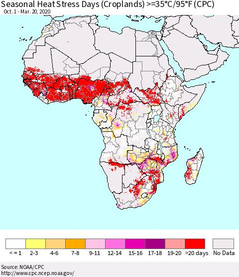 Africa Seasonal Heat Stress Days (Croplands) >=35°C/95°F (CPC) Thematic Map For 10/1/2019 - 3/20/2020