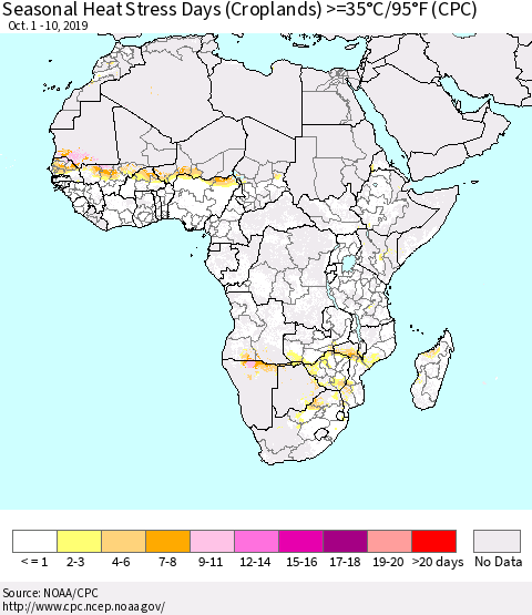 Africa Seasonal Heat Stress Days (Croplands) >=35°C/95°F (CPC) Thematic Map For 10/1/2019 - 10/10/2019