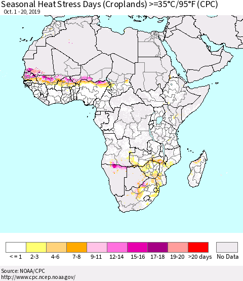 Africa Seasonal Heat Stress Days (Croplands) >=35°C/95°F (CPC) Thematic Map For 10/1/2019 - 10/20/2019