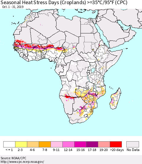 Africa Seasonal Heat Stress Days (Croplands) >=35°C/95°F (CPC) Thematic Map For 10/1/2019 - 10/31/2019