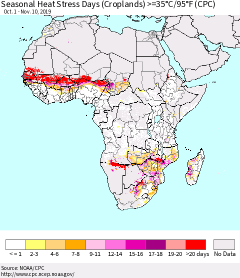Africa Seasonal Heat Stress Days (Croplands) >=35°C/95°F (CPC) Thematic Map For 10/1/2019 - 11/10/2019