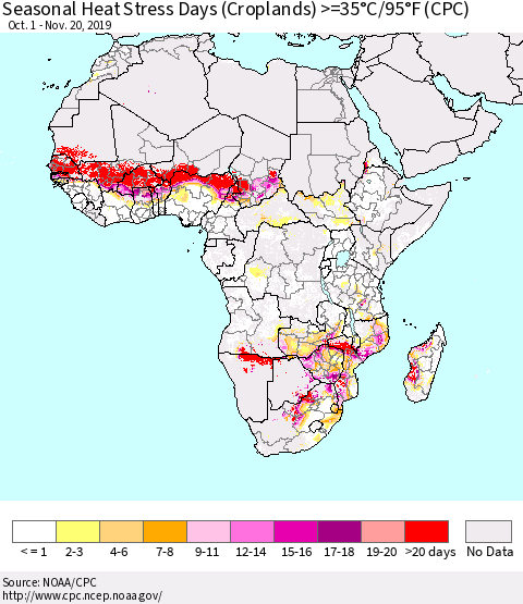 Africa Seasonal Heat Stress Days (Croplands) >=35°C/95°F (CPC) Thematic Map For 10/1/2019 - 11/20/2019