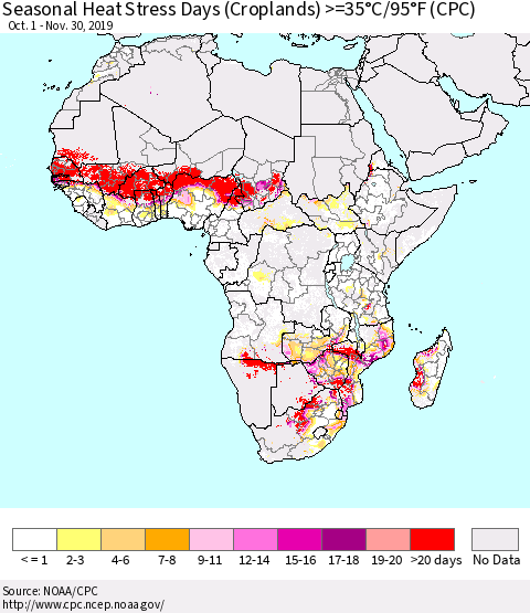 Africa Seasonal Heat Stress Days (Croplands) >=35°C/95°F (CPC) Thematic Map For 10/1/2019 - 11/30/2019