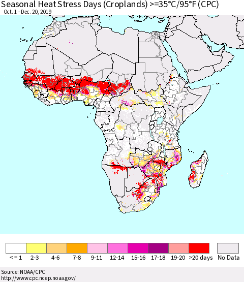 Africa Seasonal Heat Stress Days (Croplands) >=35°C/95°F (CPC) Thematic Map For 10/1/2019 - 12/20/2019