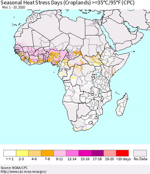 Africa Seasonal Heat Stress Days (Croplands) >=35°C/95°F (CPC) Thematic Map For 3/1/2020 - 3/10/2020
