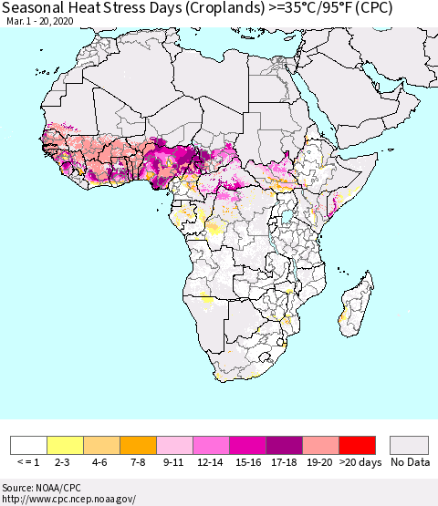 Africa Seasonal Heat Stress Days (Croplands) >=35°C/95°F (CPC) Thematic Map For 3/1/2020 - 3/20/2020