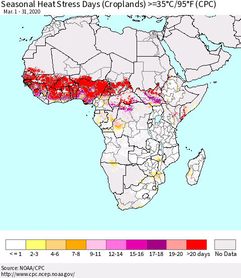Africa Seasonal Heat Stress Days (Croplands) >=35°C/95°F (CPC) Thematic Map For 3/1/2020 - 3/31/2020
