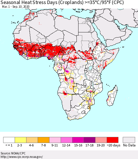 Africa Seasonal Heat Stress Days (Croplands) >=35°C/95°F (CPC) Thematic Map For 3/1/2020 - 9/10/2020