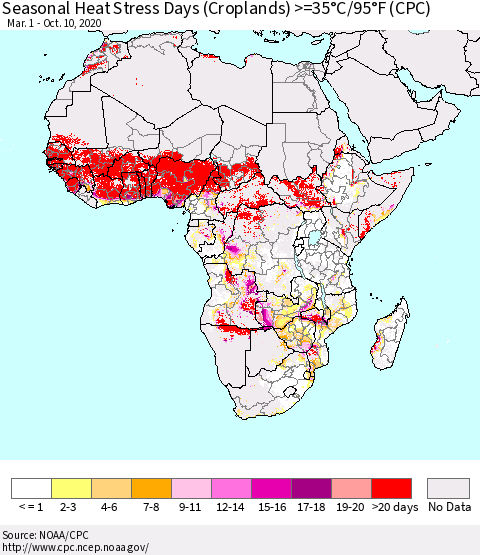 Africa Seasonal Heat Stress Days (Croplands) >=35°C/95°F (CPC) Thematic Map For 3/1/2020 - 10/10/2020