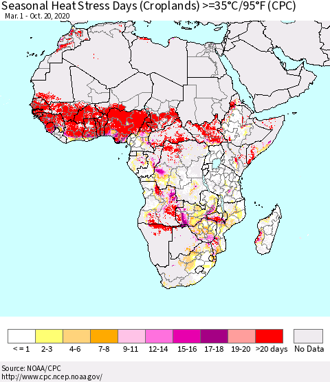 Africa Seasonal Heat Stress Days (Croplands) >=35°C/95°F (CPC) Thematic Map For 3/1/2020 - 10/20/2020