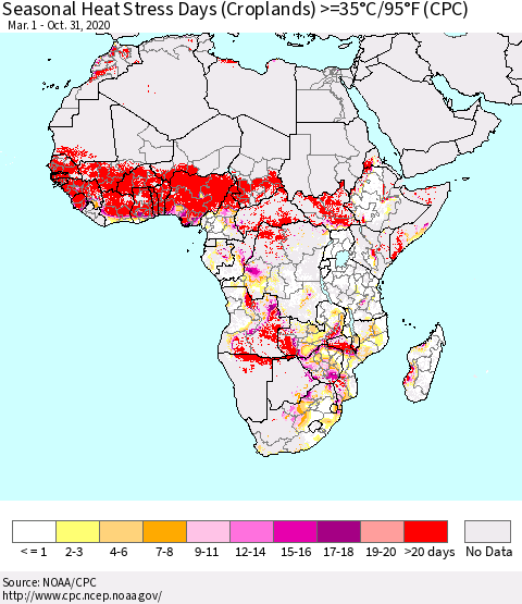 Africa Seasonal Heat Stress Days (Croplands) >=35°C/95°F (CPC) Thematic Map For 3/1/2020 - 10/31/2020