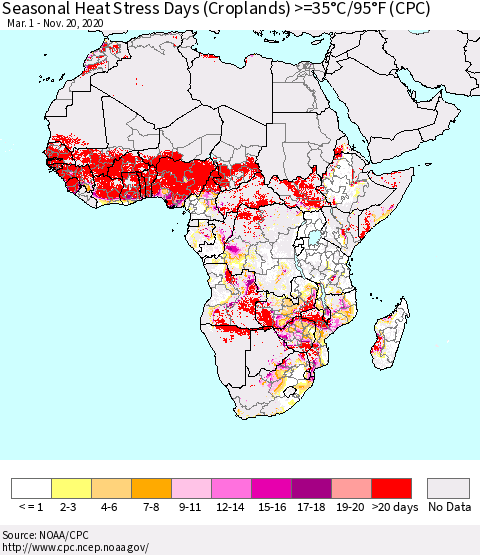 Africa Seasonal Heat Stress Days (Croplands) >=35°C/95°F (CPC) Thematic Map For 3/1/2020 - 11/20/2020