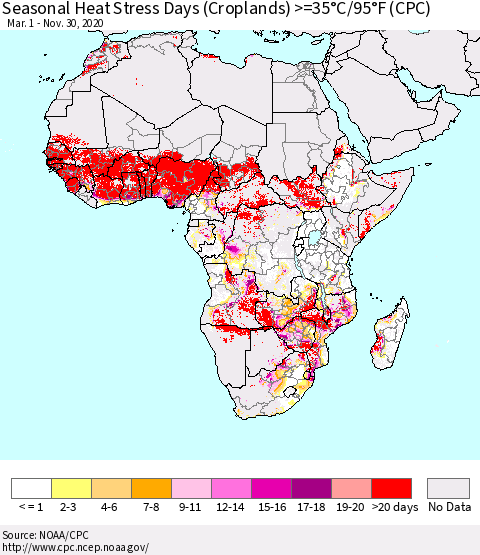 Africa Seasonal Heat Stress Days (Croplands) >=35°C/95°F (CPC) Thematic Map For 3/1/2020 - 11/30/2020