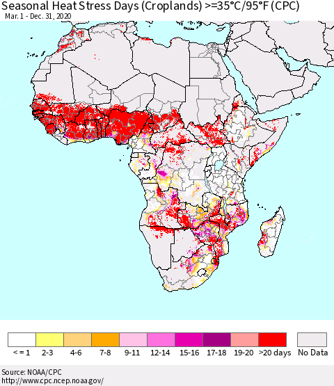 Africa Seasonal Heat Stress Days (Croplands) >=35°C/95°F (CPC) Thematic Map For 3/1/2020 - 12/31/2020