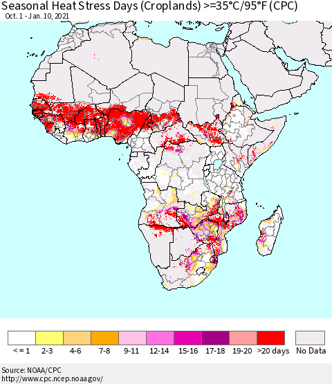 Africa Seasonal Heat Stress Days (Croplands) >=35°C/95°F (CPC) Thematic Map For 10/1/2020 - 1/10/2021