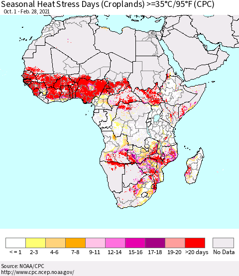 Africa Seasonal Heat Stress Days (Croplands) >=35°C/95°F (CPC) Thematic Map For 10/1/2020 - 2/28/2021