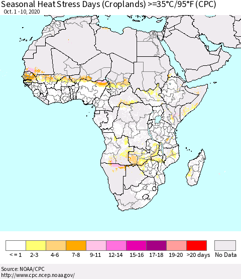 Africa Seasonal Heat Stress Days (Croplands) >=35°C/95°F (CPC) Thematic Map For 10/1/2020 - 10/10/2020