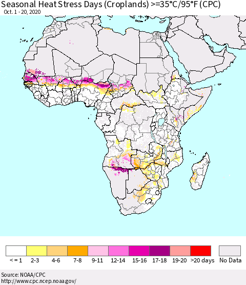 Africa Seasonal Heat Stress Days (Croplands) >=35°C/95°F (CPC) Thematic Map For 10/1/2020 - 10/20/2020