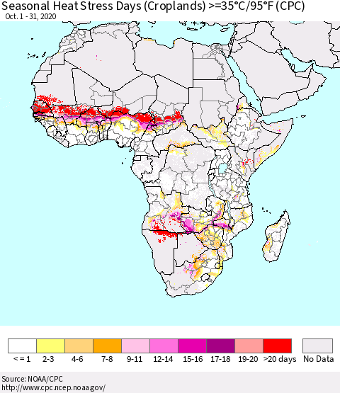 Africa Seasonal Heat Stress Days (Croplands) >=35°C/95°F (CPC) Thematic Map For 10/1/2020 - 10/31/2020