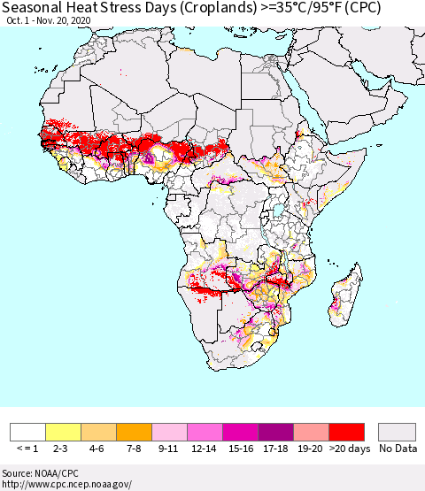 Africa Seasonal Heat Stress Days (Croplands) >=35°C/95°F (CPC) Thematic Map For 10/1/2020 - 11/20/2020