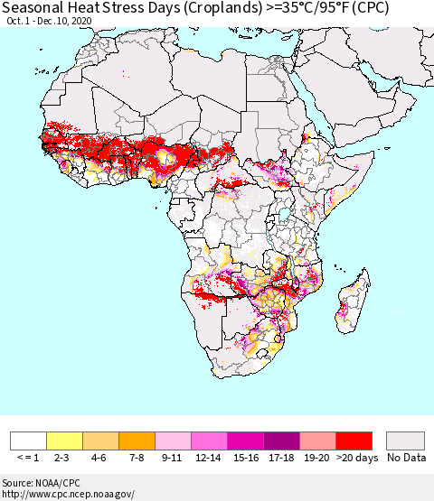 Africa Seasonal Heat Stress Days (Croplands) >=35°C/95°F (CPC) Thematic Map For 10/1/2020 - 12/10/2020