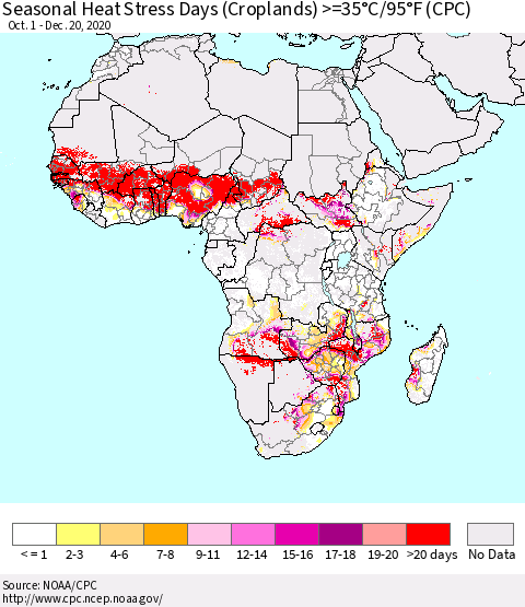 Africa Seasonal Heat Stress Days (Croplands) >=35°C/95°F (CPC) Thematic Map For 10/1/2020 - 12/20/2020