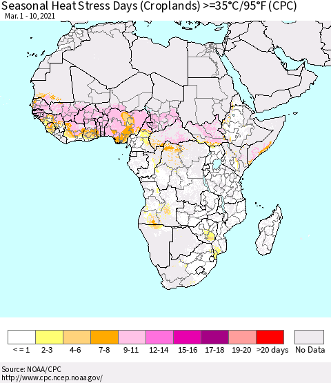 Africa Seasonal Heat Stress Days (Croplands) >=35°C/95°F (CPC) Thematic Map For 3/1/2021 - 3/10/2021