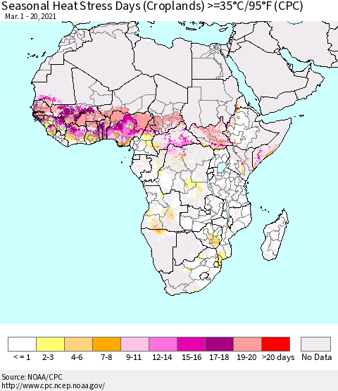 Africa Seasonal Heat Stress Days (Croplands) >=35°C/95°F (CPC) Thematic Map For 3/1/2021 - 3/20/2021