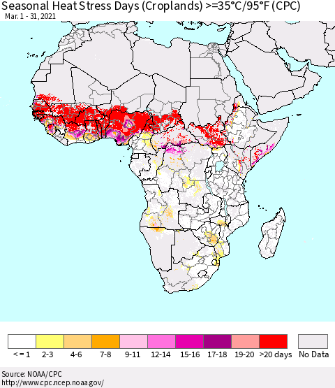 Africa Seasonal Heat Stress Days (Croplands) >=35°C/95°F (CPC) Thematic Map For 3/1/2021 - 3/31/2021