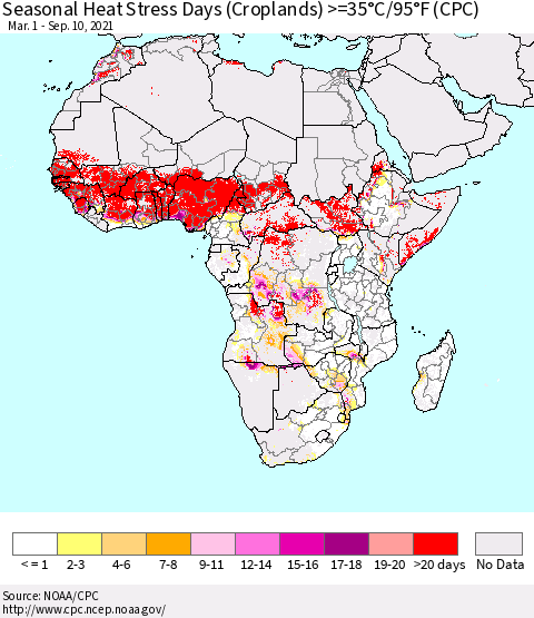 Africa Seasonal Heat Stress Days (Croplands) >=35°C/95°F (CPC) Thematic Map For 3/1/2021 - 9/10/2021