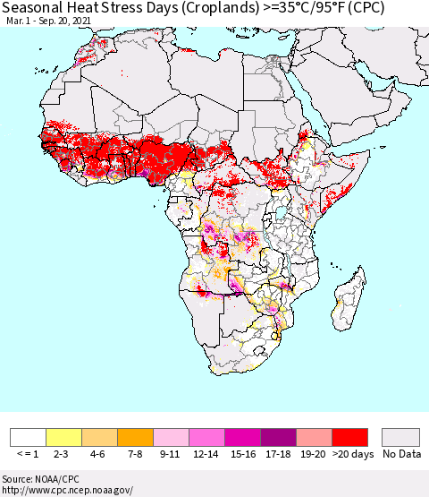 Africa Seasonal Heat Stress Days (Croplands) >=35°C/95°F (CPC) Thematic Map For 3/1/2021 - 9/20/2021