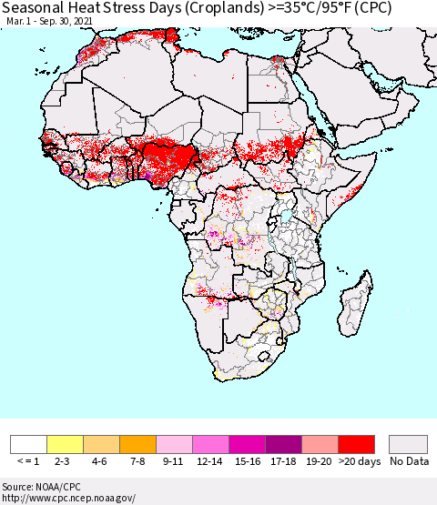 Africa Seasonal Heat Stress Days (Croplands) >=35°C/95°F (CPC) Thematic Map For 3/1/2021 - 9/30/2021
