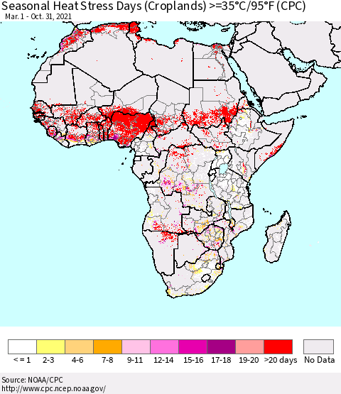 Africa Seasonal Heat Stress Days (Croplands) >=35°C/95°F (CPC) Thematic Map For 3/1/2021 - 10/31/2021