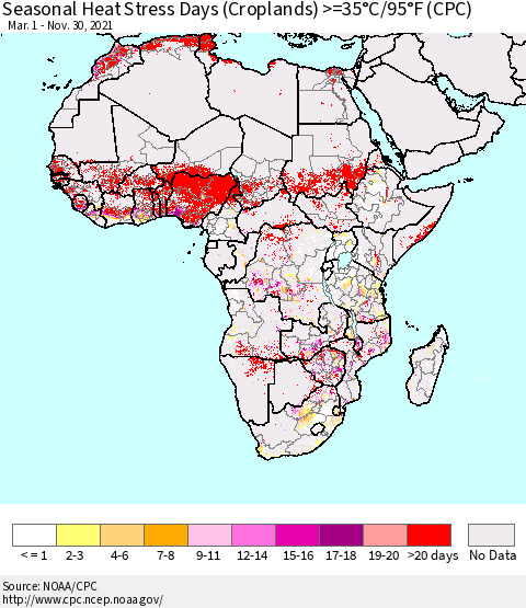 Africa Seasonal Heat Stress Days (Croplands) >=35°C/95°F (CPC) Thematic Map For 3/1/2021 - 11/30/2021