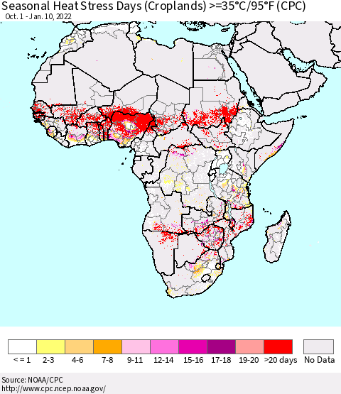 Africa Seasonal Heat Stress Days (Croplands) >=35°C/95°F (CPC) Thematic Map For 10/1/2021 - 1/10/2022