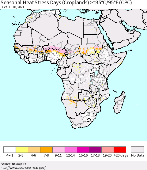 Africa Seasonal Heat Stress Days (Croplands) >=35°C/95°F (CPC) Thematic Map For 10/1/2021 - 10/10/2021