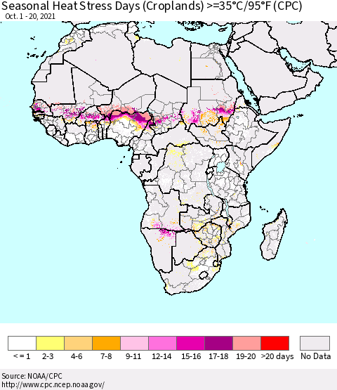 Africa Seasonal Heat Stress Days (Croplands) >=35°C/95°F (CPC) Thematic Map For 10/1/2021 - 10/20/2021