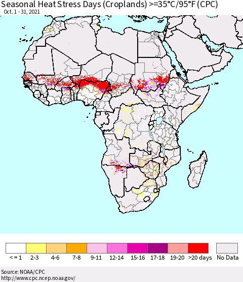 Africa Seasonal Heat Stress Days (Croplands) >=35°C/95°F (CPC) Thematic Map For 10/1/2021 - 10/31/2021