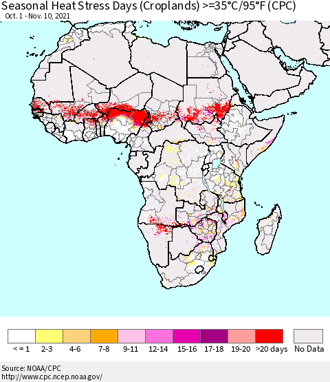 Africa Seasonal Heat Stress Days (Croplands) >=35°C/95°F (CPC) Thematic Map For 10/1/2021 - 11/10/2021