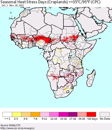 Africa Seasonal Heat Stress Days (Croplands) >=35°C/95°F (CPC) Thematic Map For 10/1/2021 - 11/20/2021
