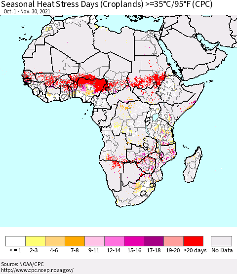 Africa Seasonal Heat Stress Days (Croplands) >=35°C/95°F (CPC) Thematic Map For 10/1/2021 - 11/30/2021
