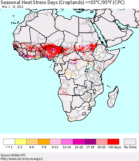 Africa Seasonal Heat Stress Days (Croplands) >=35°C/95°F (CPC) Thematic Map For 3/1/2022 - 3/31/2022