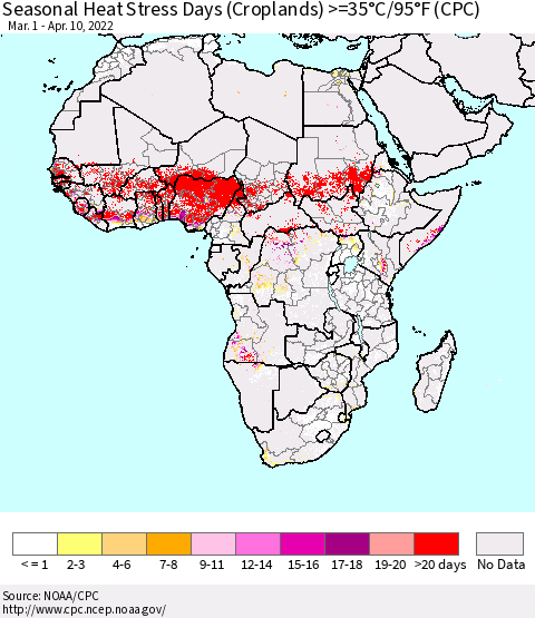 Africa Seasonal Heat Stress Days (Croplands) >=35°C/95°F (CPC) Thematic Map For 3/1/2022 - 4/10/2022