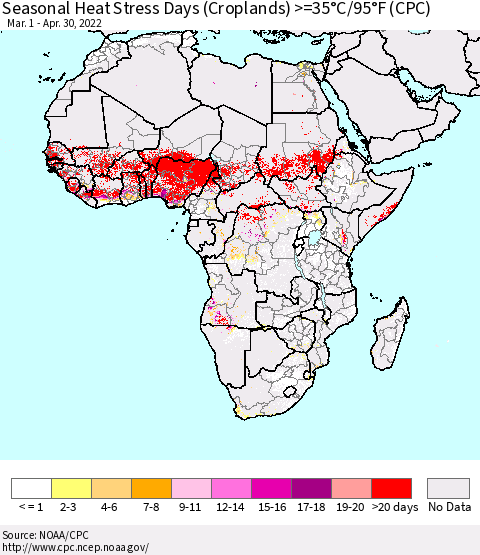 Africa Seasonal Heat Stress Days (Croplands) >=35°C/95°F (CPC) Thematic Map For 3/1/2022 - 4/30/2022